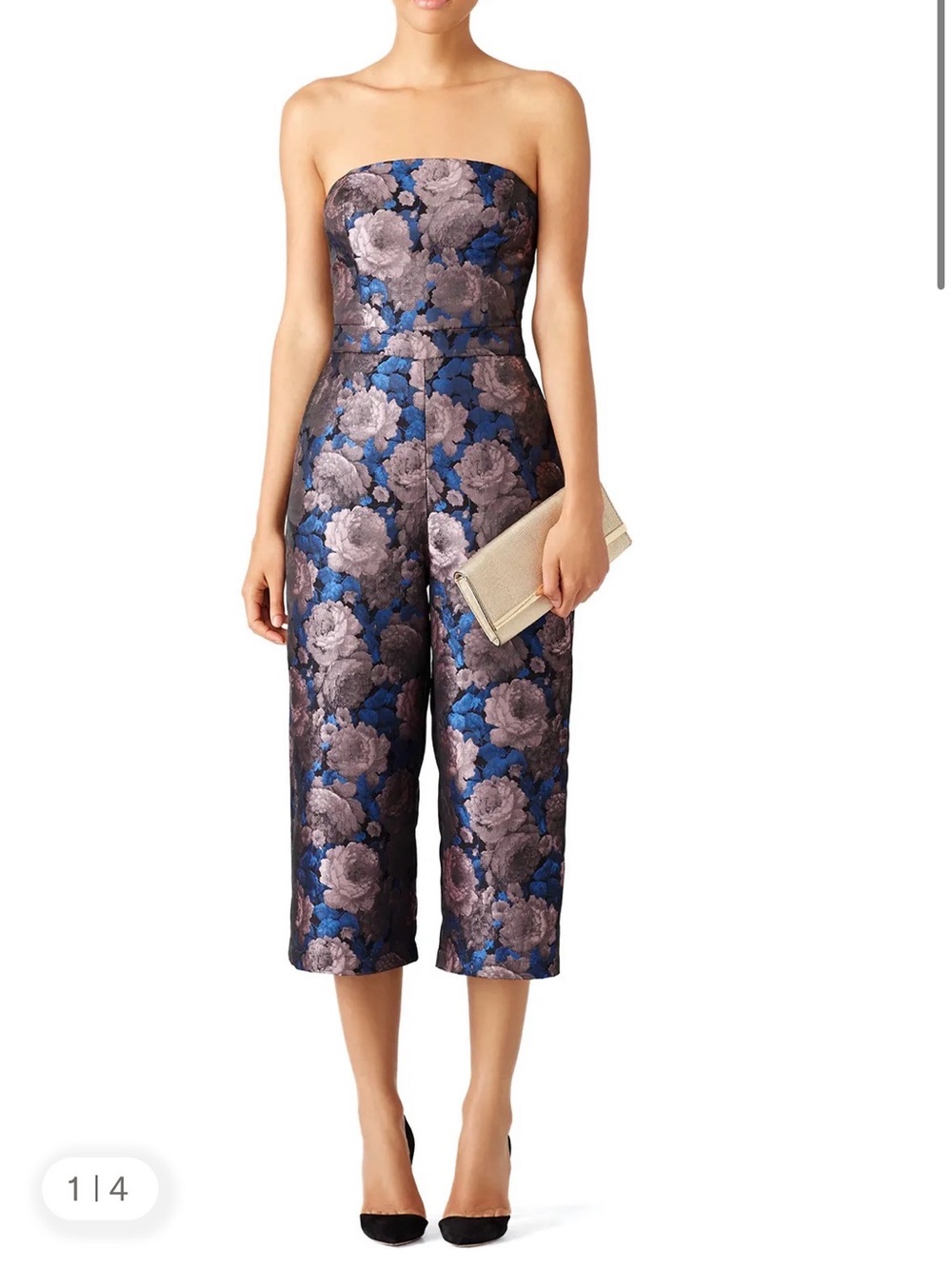 Greylin XS Strapless Floral Brocade Crop Jumpsuit in Blue and Gray